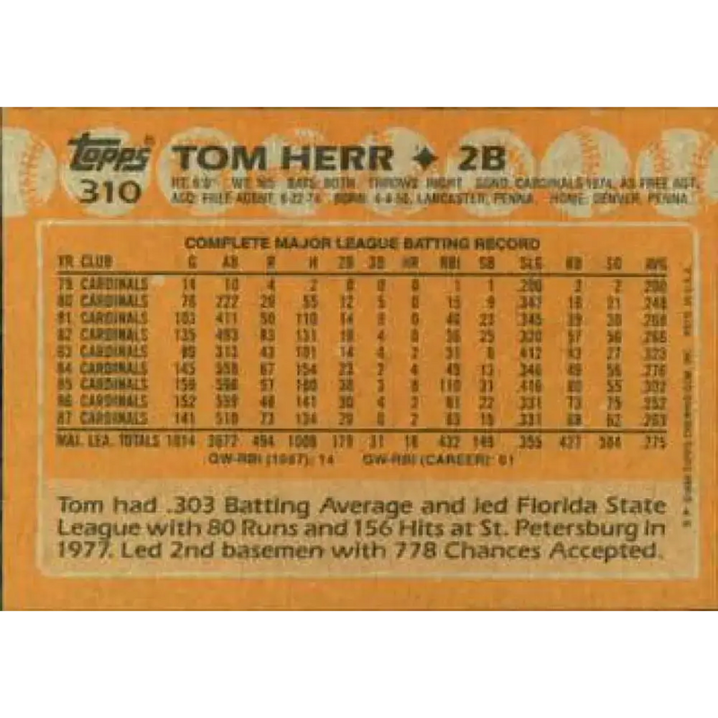 1988 Topps #310 Tom Herr NM-MT St. Louis Cardinals Baseball Card - Baseball Card Single
