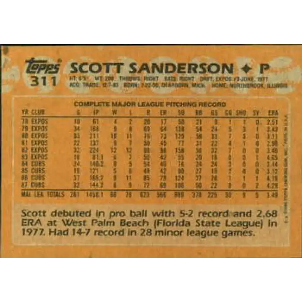 1988 Topps #311 Scott Sanderson NM-MT Chicago Cubs Baseball Card - Baseball Card Single
