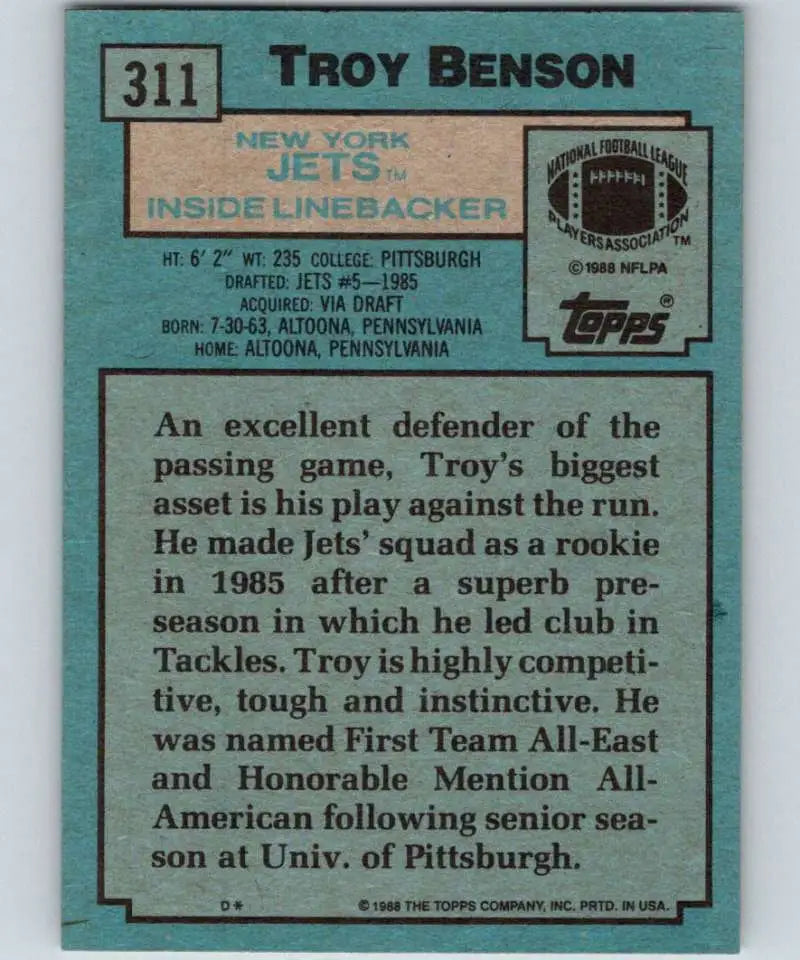 1988 Topps #311 Troy Benson EX Excellent New York Jets Football Card - Football Card Single
