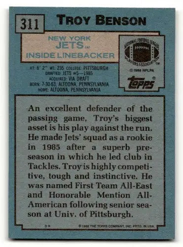 Original gloss Troy Benson Jets football card from 1988 Topps #311 magnet