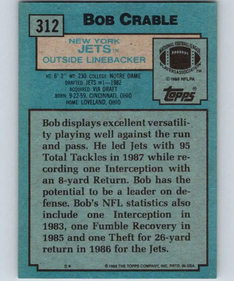 1988 Topps #312 Bob Crable EX Excellent New York Jets Football Card - Football Card Single