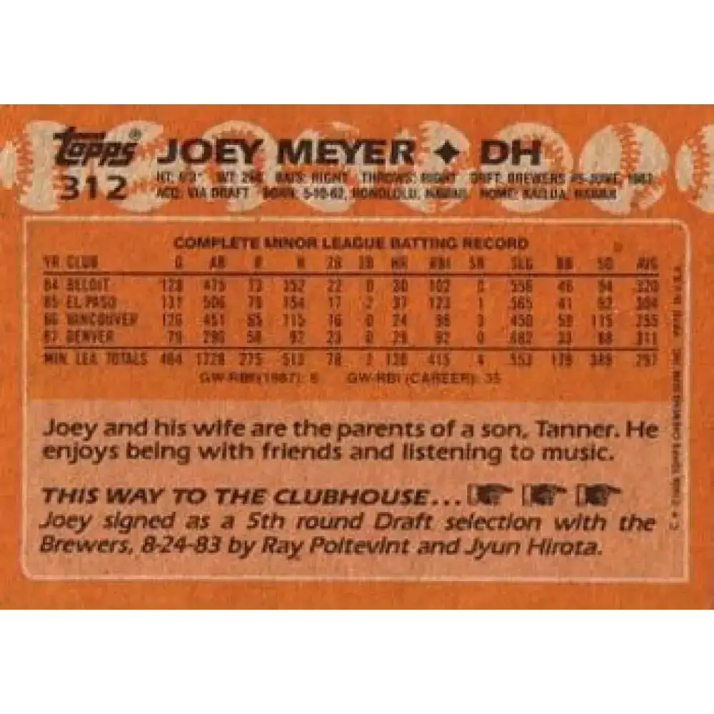 1988 Topps #312 Joey Meyer NM-MT Milwaukee Brewers Baseball Card - Baseball Card Single
