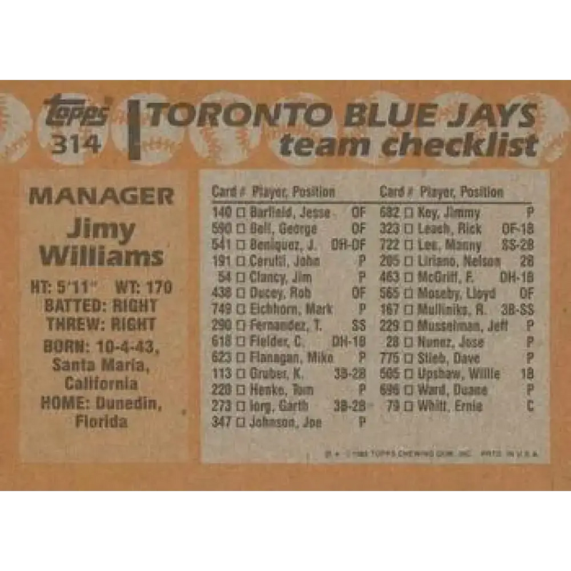 1988 Topps #314 Jimy Williams NM-MT Toronto Blue Jays Baseball Card - Baseball Card Single