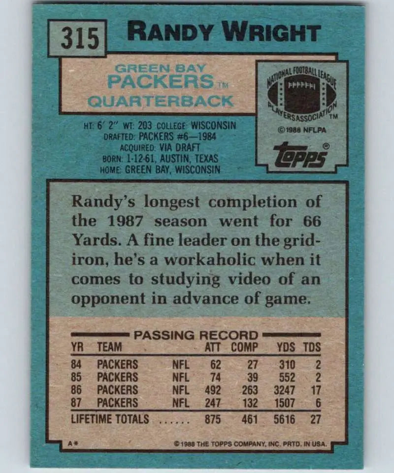 1988 Topps #315 Randy Wright EX Excellent Green Bay Packers Football Card