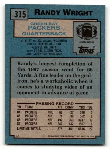 Original gloss 1988 Topps Randy Wright Green Bay football card featuring Randy Wright Green Bay Packers