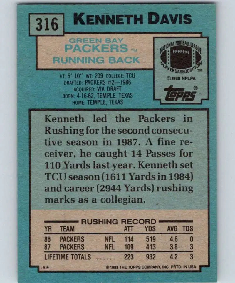 1988 Topps #316 Kenneth Davis EX Excellent Green Bay Packers Football Card - Football Card Single