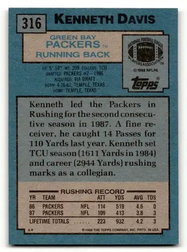 Original gloss Kenneth Davis Green Bay football card from 1988 Topps #316 Green Bay Packers