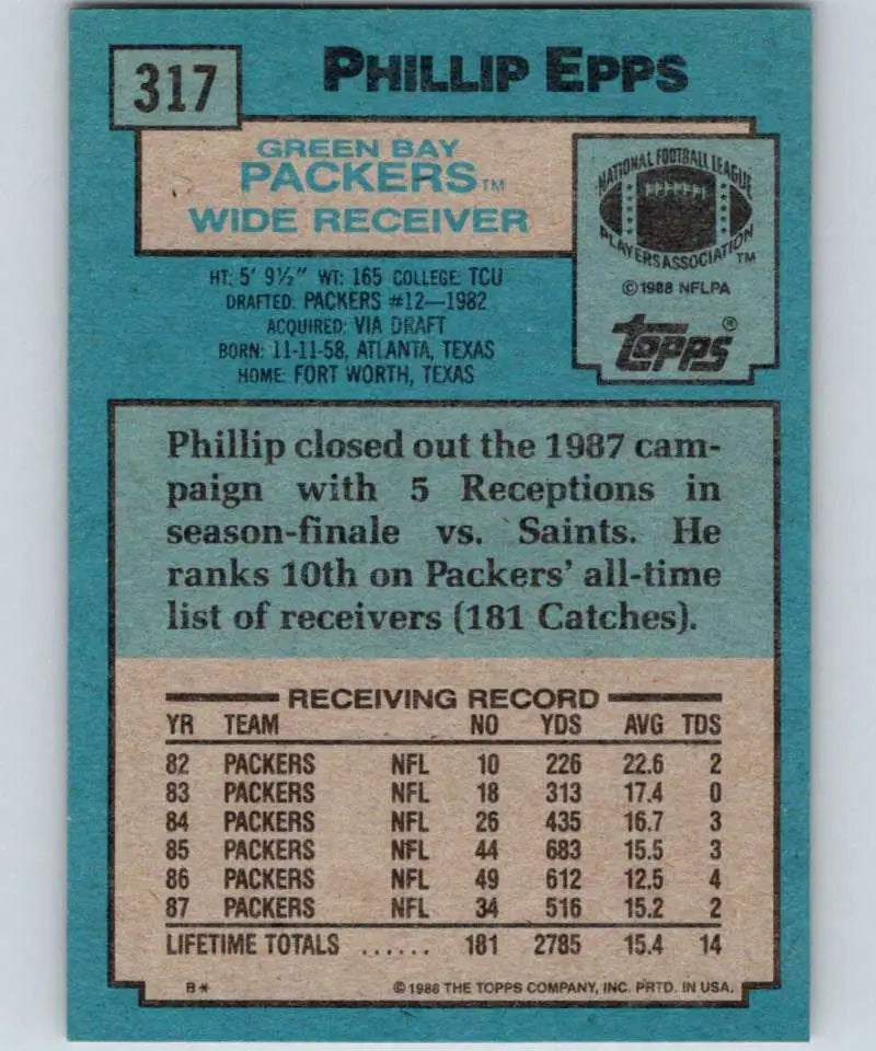 1988 Topps #317 Phillip Epps EX Excellent Green Bay Packers Football Card