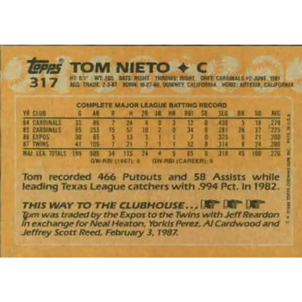 1988 Topps #317 Tom Nieto NM-MT Minnesota Twins Baseball Card - Baseball Card Single