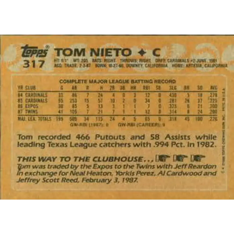 1988 Topps #317 Tom Nieto NM-MT Minnesota Twins Baseball Card - Baseball Card Single