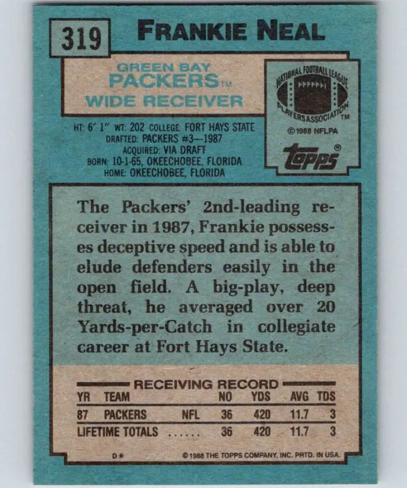 1988 Topps #319 Frankie Neal EX Excellent Green Bay Packers Football Card - Football Card Single