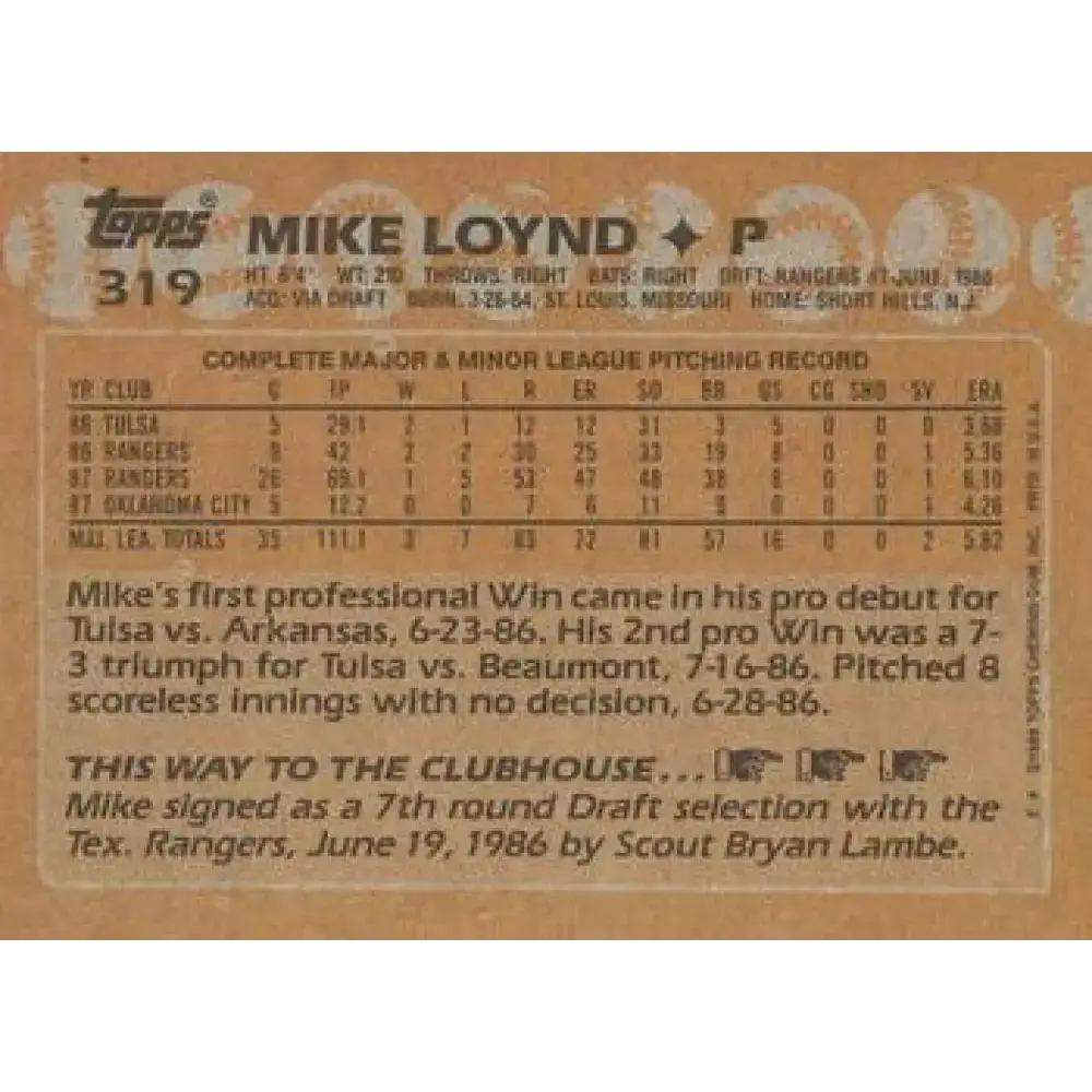 1988 Topps #319 Mike Loynd NM-MT Texas Rangers Baseball Card