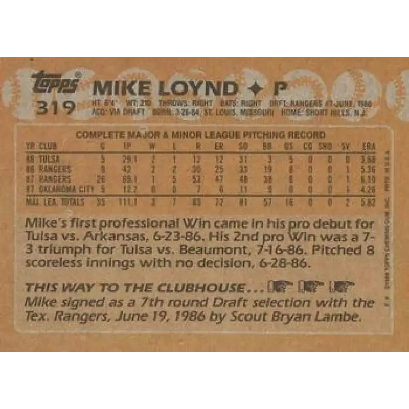 1988 Topps #319 Mike Loynd NM-MT Texas Rangers Baseball Card