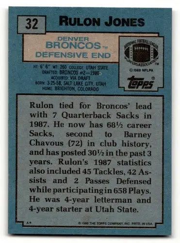 1988 Topps Rulon Jones Denver Broncos football card with original gloss ID 62367