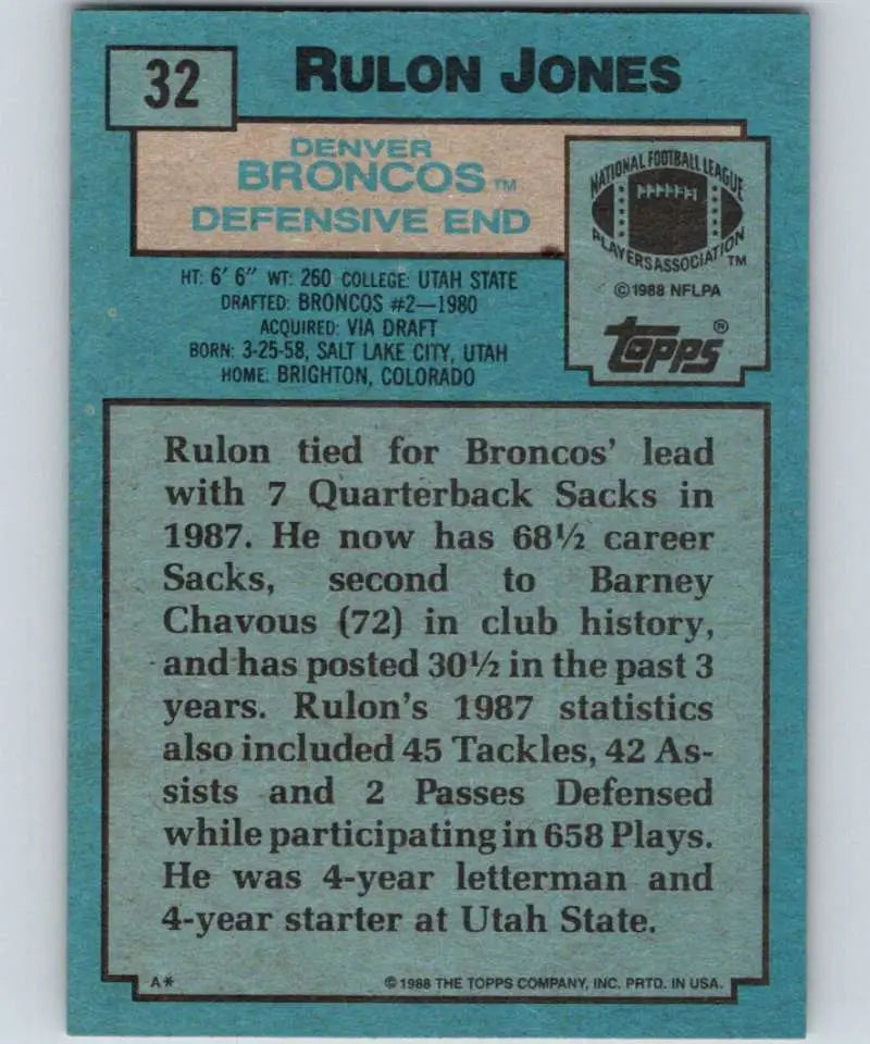 1988 Topps #32 Rulon Jones EX Excellent Denver Broncos Football Card - Football Card Single