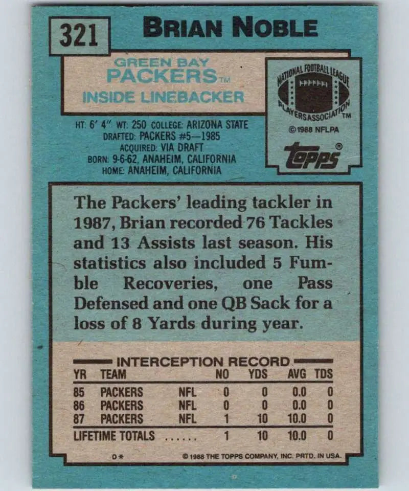 1988 Topps #321 Brian Noble EX Excellent RC Rookie Green Bay Packers Football Card - Football Card Single