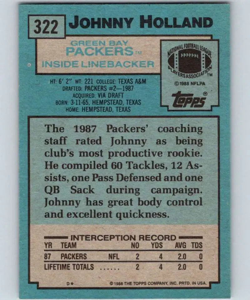 1988 Topps #322 Johnny Holland EX Excellent RC Rookie Green Bay Packers Football Card - Football Card Single