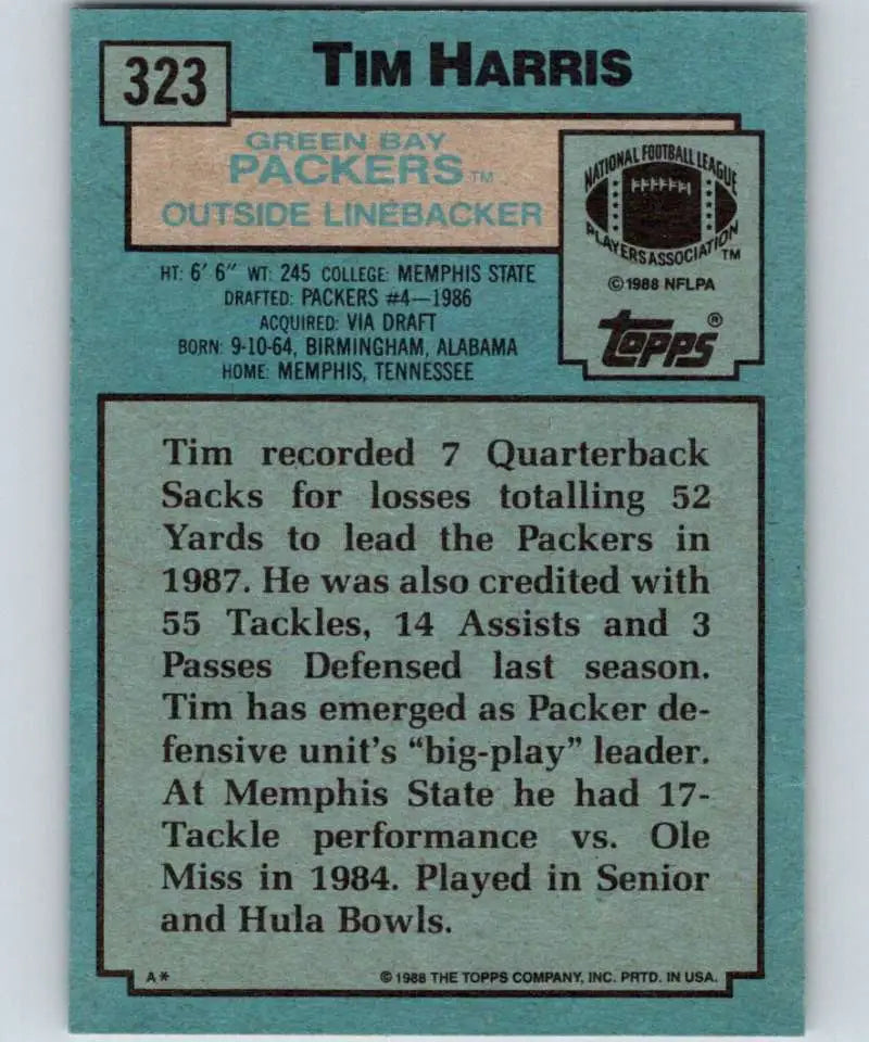 1988 Topps #323 Tim Harris EX Excellent Green Bay Packers Football Card - Football Card Single