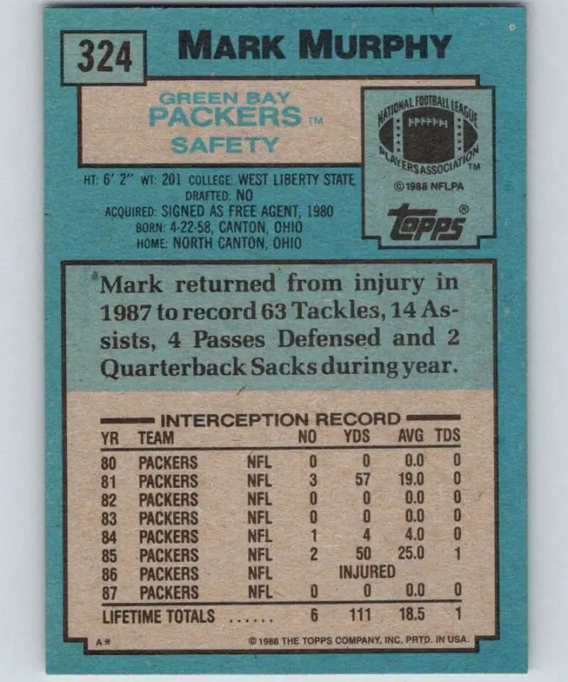 1988 Topps #324 Mark Murphy EX Excellent Green Bay Packers Football Card - Football Card Single