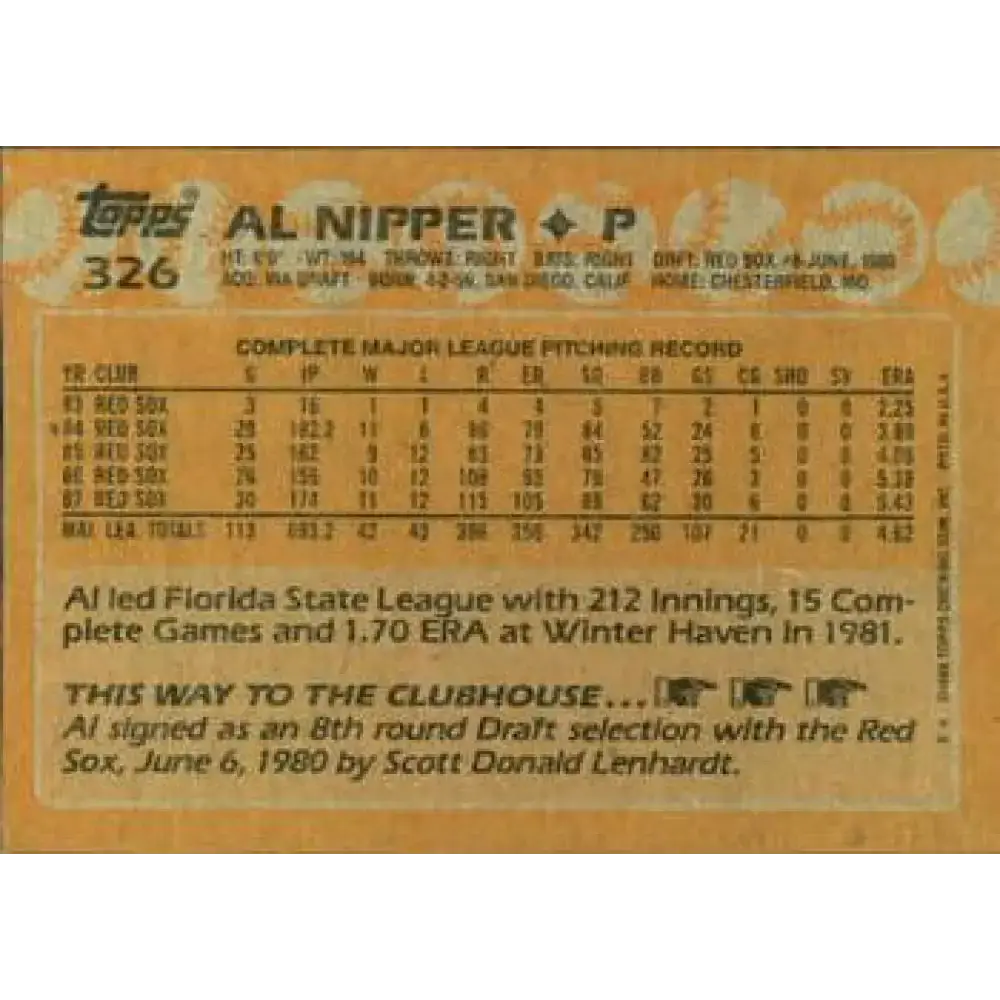 1988 Topps #326 Al Nipper NM-MT Boston Red Sox Baseball Card