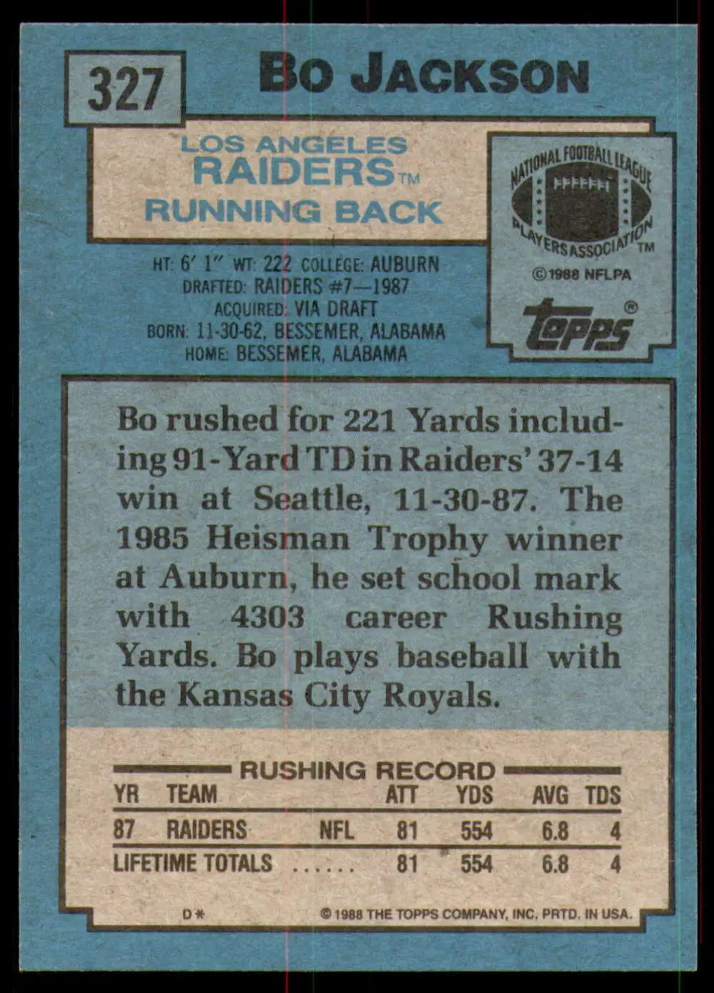1988 Topps #327 Bo Jackson EX Excellent RC Rookie Los Angeles Raiders Football Card - Football Card Single