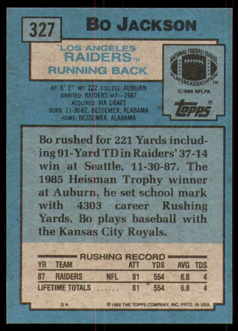 1988 Topps #327 Bo Jackson EX Excellent RC Rookie Los Angeles Raiders Football Card - Football Card Single