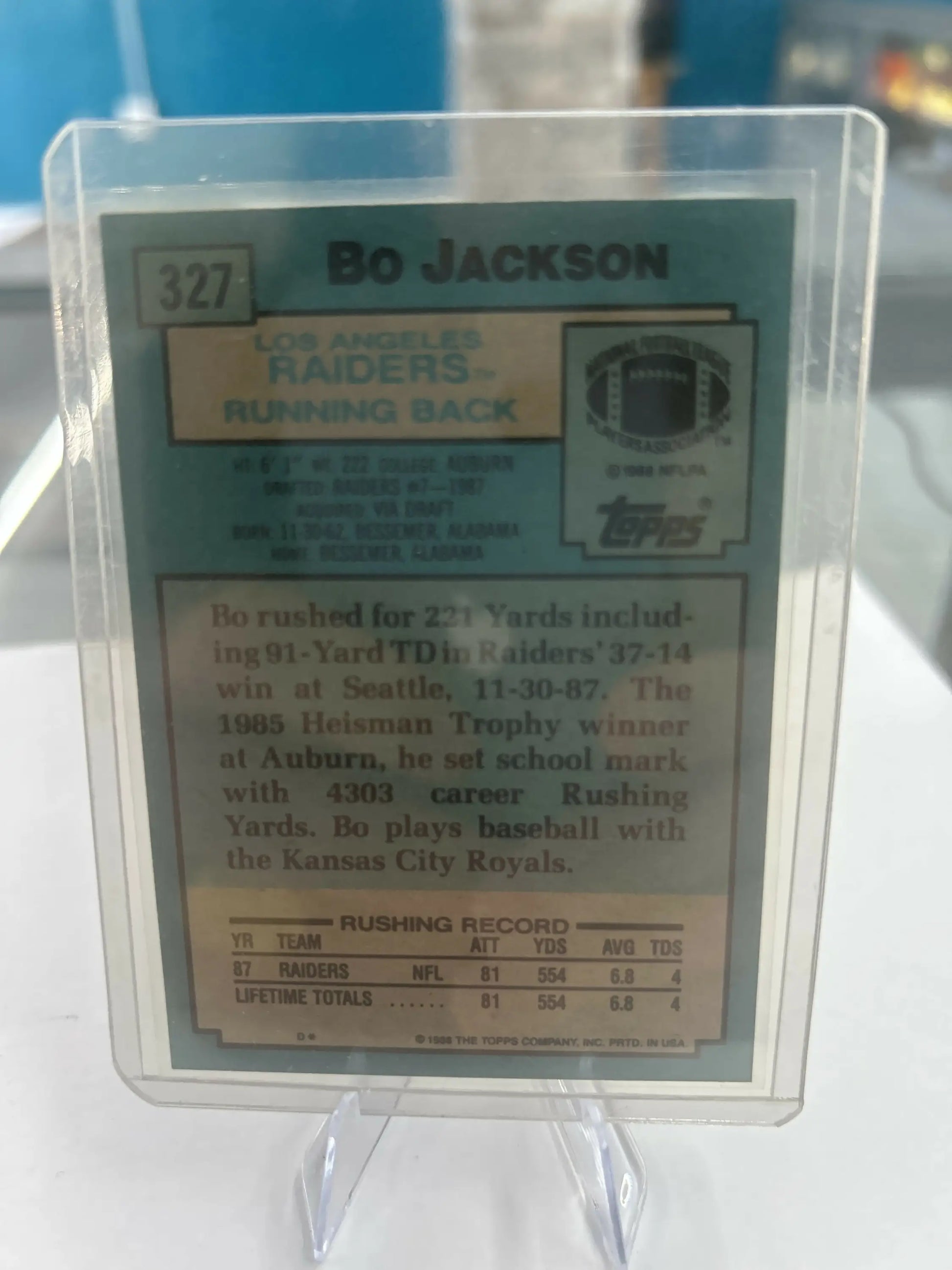 Bo Jackson football card 1988 TOPPS #327 mint RC rookie LA Raiders showcasing Jackson mint
