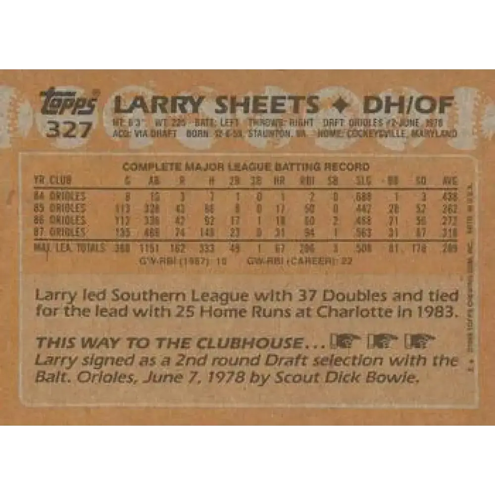1988 Topps #327 Larry Sheets NM-MT Baltimore Orioles Baseball Card - Baseball Card Single