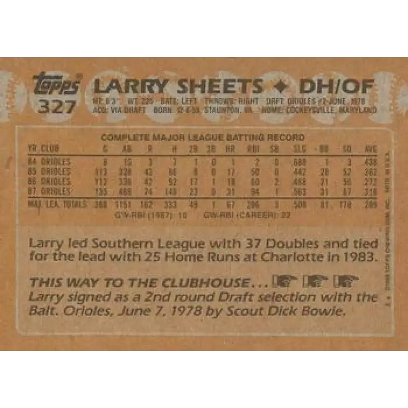1988 Topps #327 Larry Sheets NM-MT Baltimore Orioles Baseball Card - Baseball Card Single