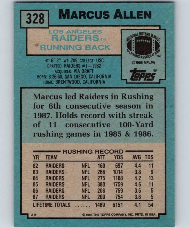 1988 Topps #328 Marcus Allen EX Excellent Los Angeles Raiders Football Card - Football Card Single