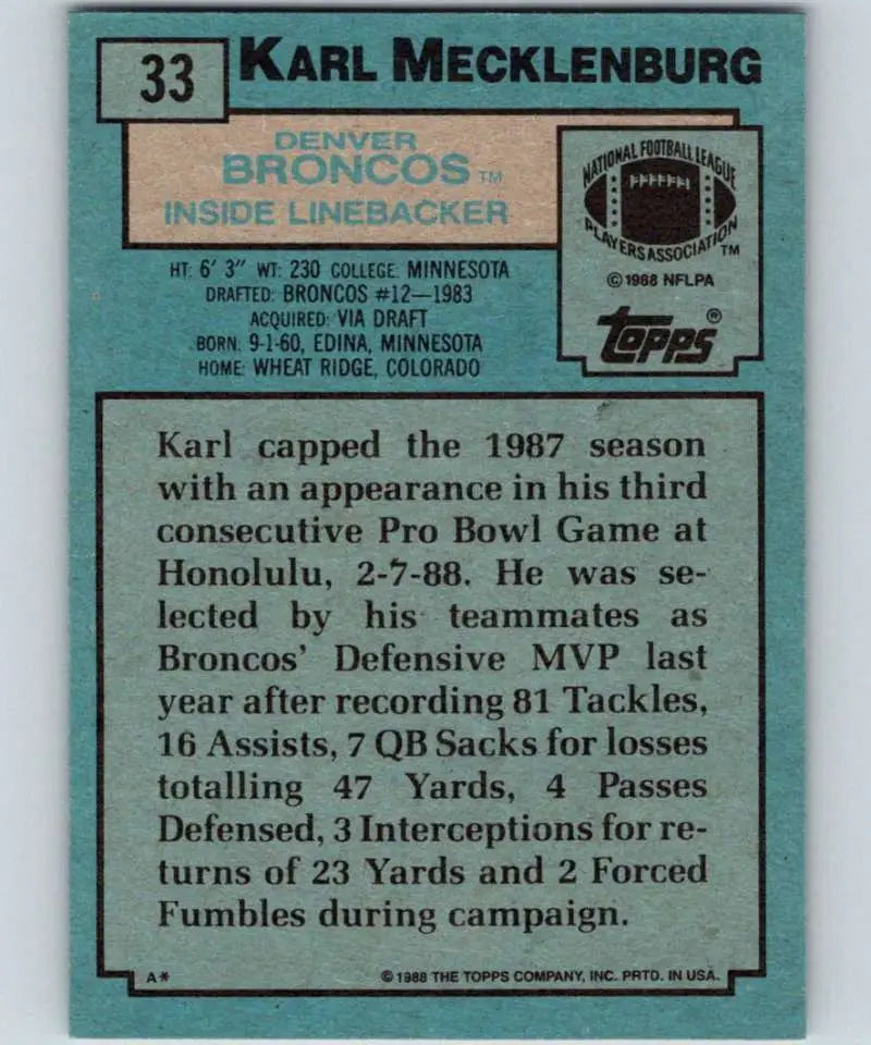 1988 Topps #33 Karl Mecklenburg EX Excellent Denver Broncos Football Card - Football Card Single