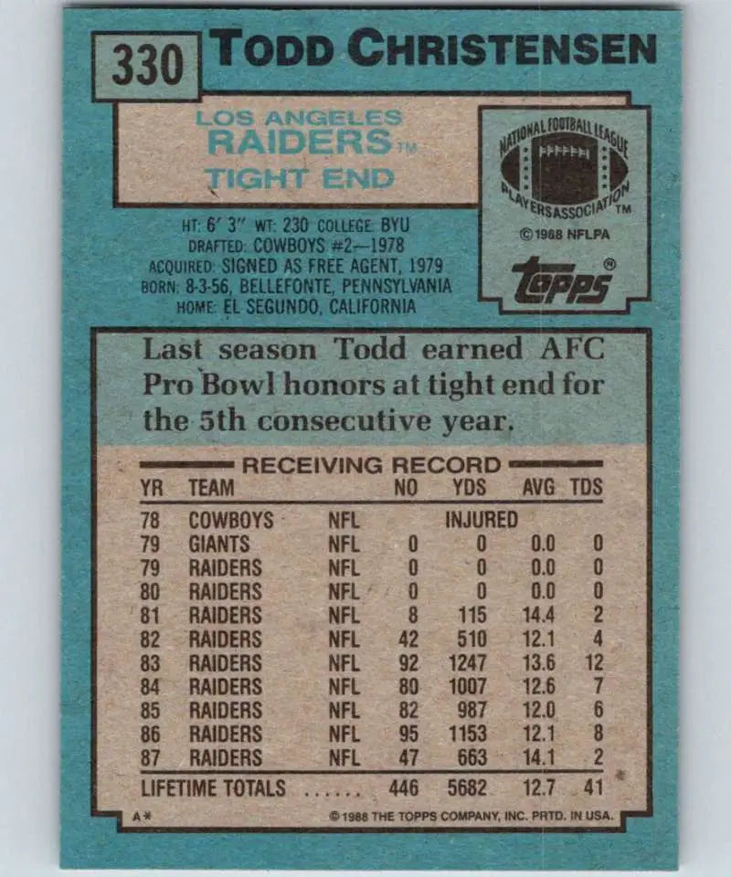 1988 Topps #330 Todd Christensen EX Excellent Los Angeles Raiders Football Card - Football Card Single