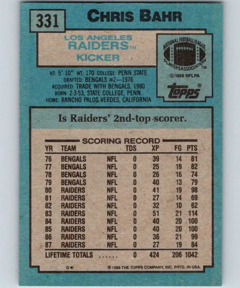1988 Topps #331 Chris Bahr EX Excellent Los Angeles Raiders Football Card - Football Card Single