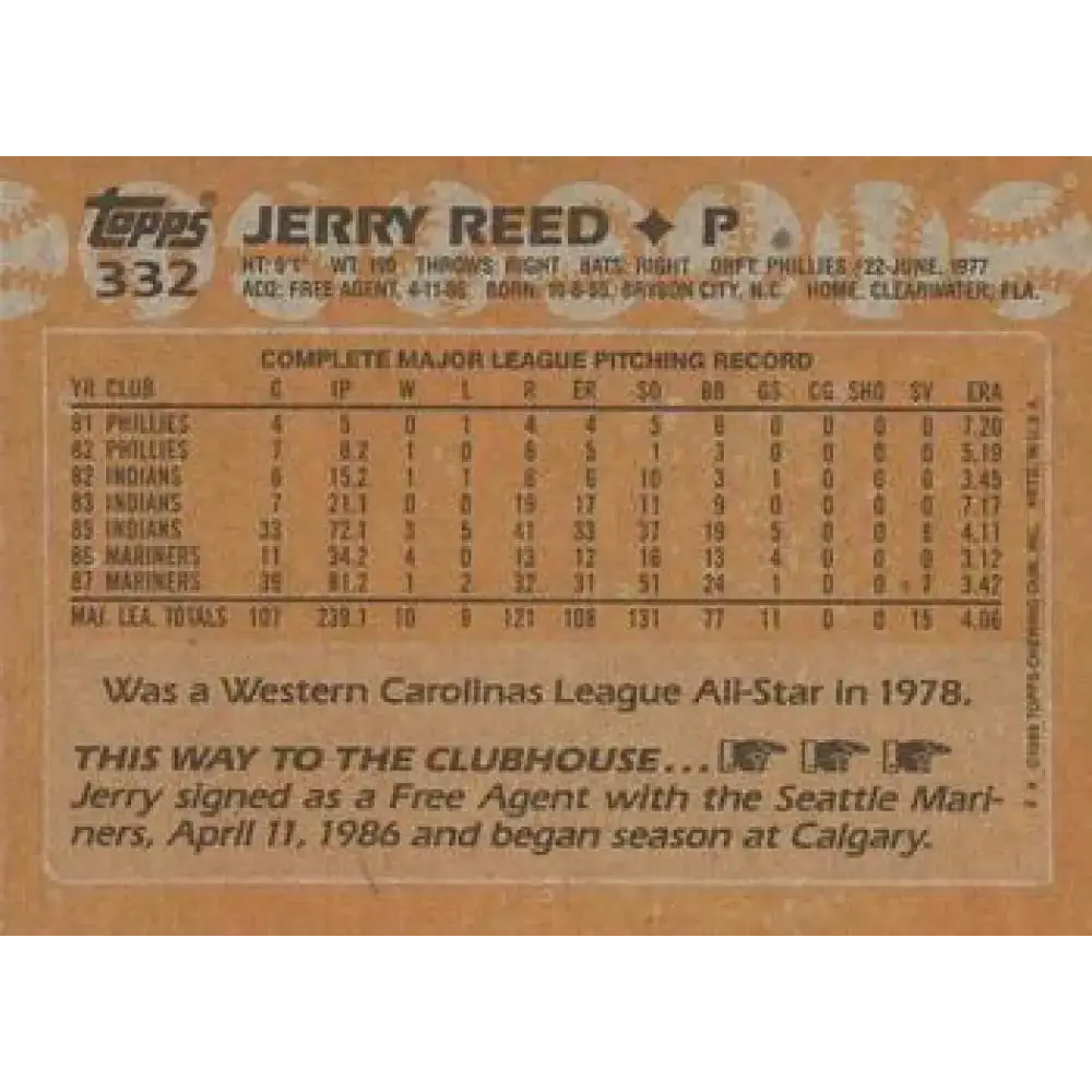 1988 Topps #332 Jerry Reed NM-MT Seattle Mariners Baseball Card - Baseball Card Single