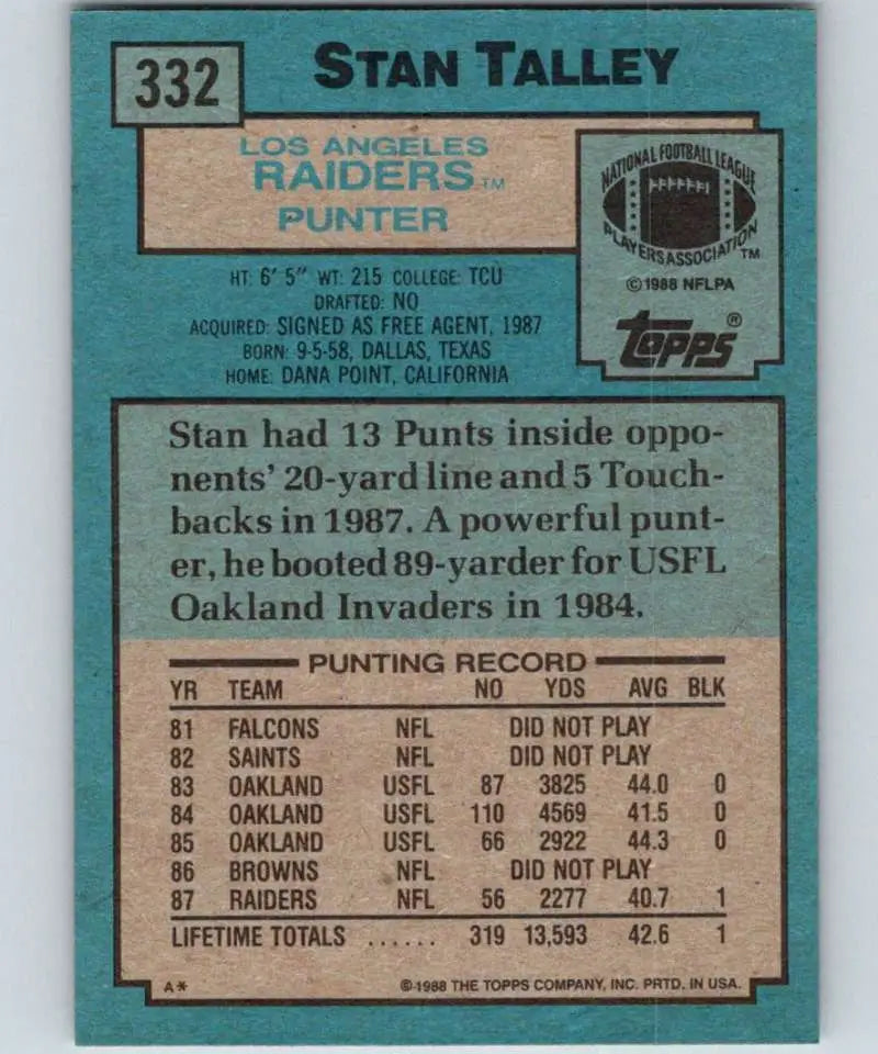 1988 Topps #332 Stan Talley EX Excellent Los Angeles Raiders Football Card - Football Card Single
