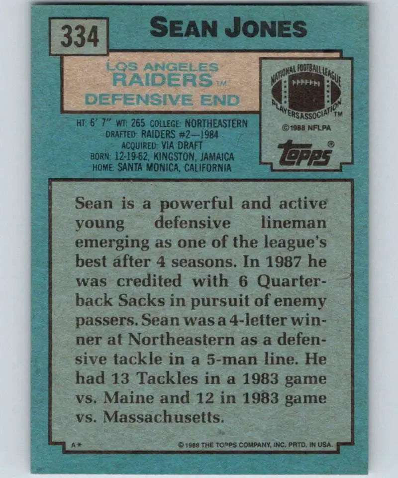 1988 Topps #334 Sean Jones EX Excellent Los Angeles Raiders Football Card - Football Card Single