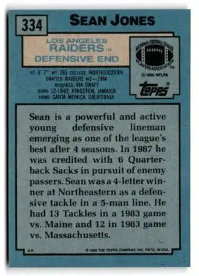 Back of a vintage 1988 Topps Sean Jones football trading card featuring Los Angeles Raiders