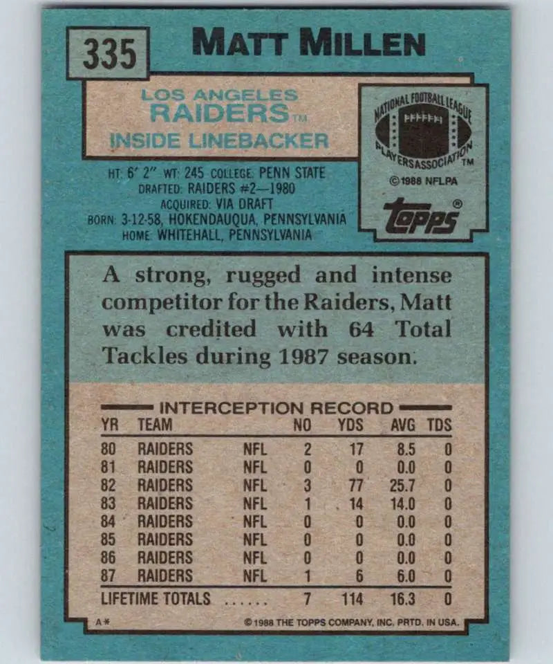 1988 Topps #335 Matt Millen EX Excellent Los Angeles Raiders Football Card - Football Card Single