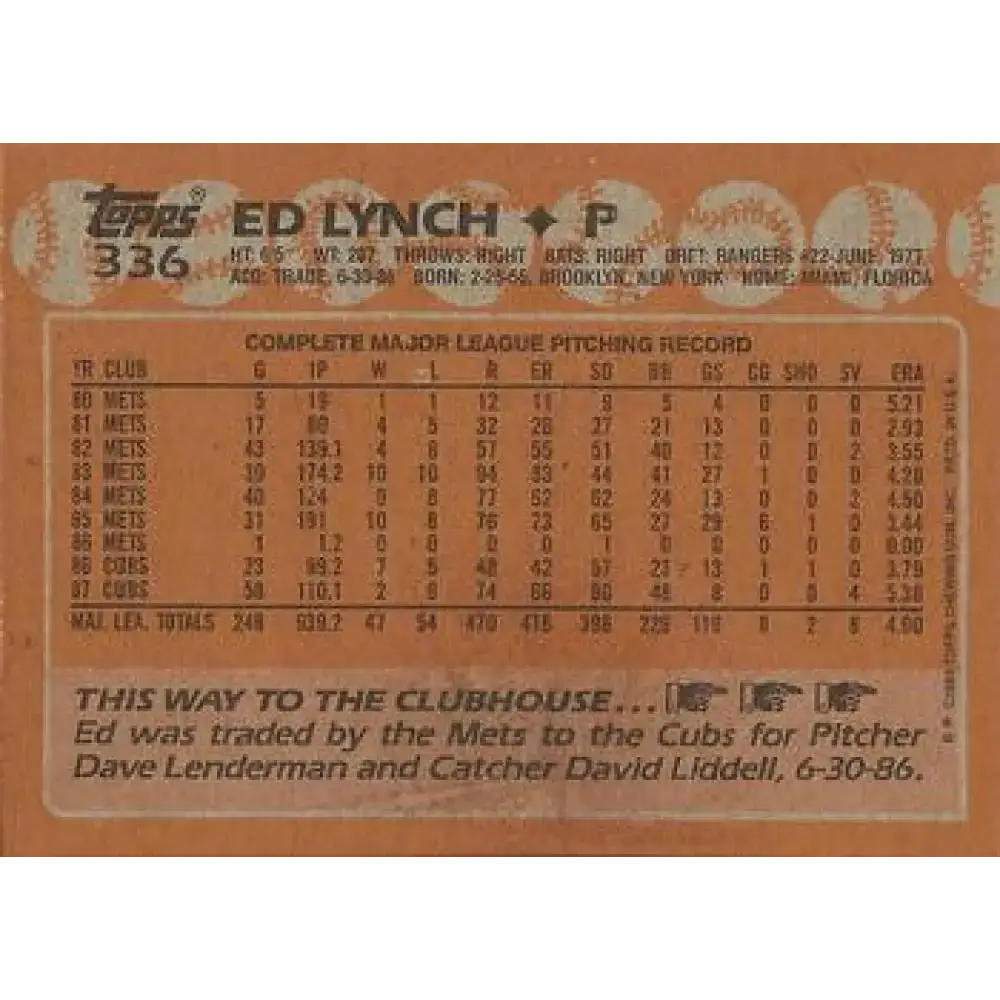 1988 Topps #336 Ed Lynch NM-MT Chicago Cubs Baseball Card - Baseball Card Single