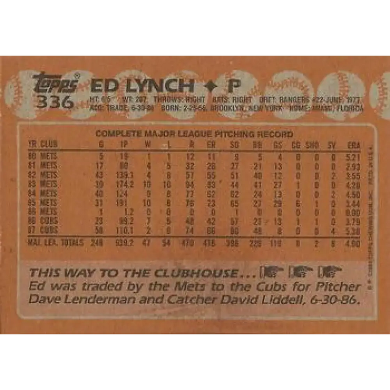 1988 Topps #336 Ed Lynch NM-MT Chicago Cubs Baseball Card - Baseball Card Single