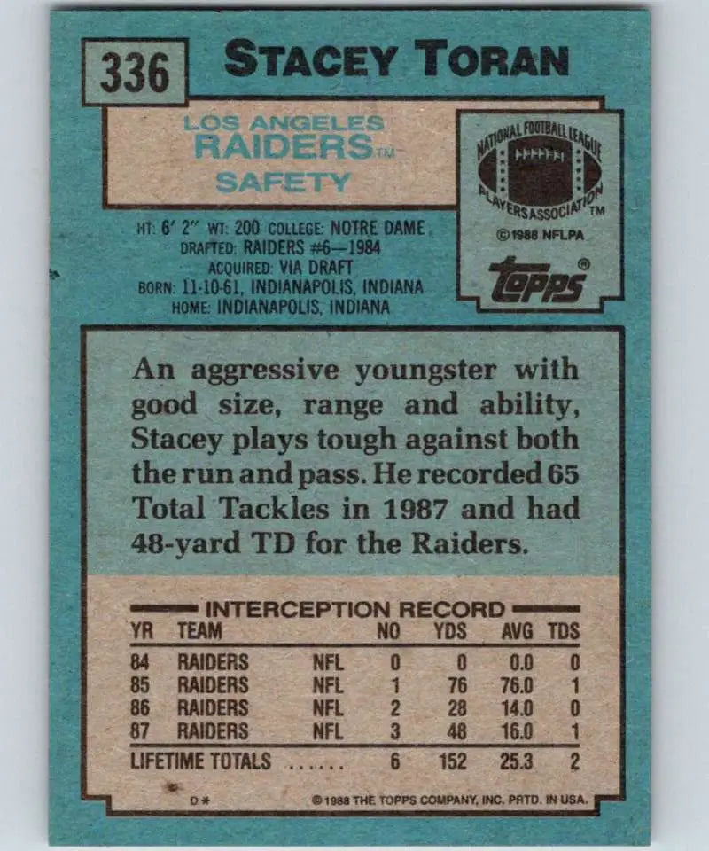 1988 Topps #336 Stacey Toran EX Excellent Los Angeles Raiders Football Card - Football Card Single