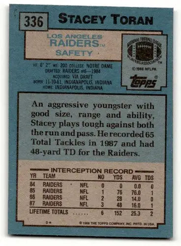 Stacey Toran Los Angeles Raiders football card from 1988 Topps #336