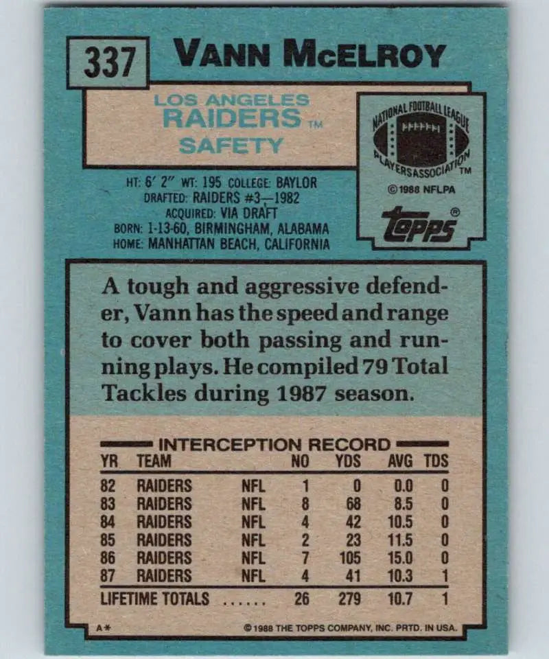 1988 Topps #337 Vann McElroy EX Excellent Los Angeles Raiders Football Card - Football Card Single