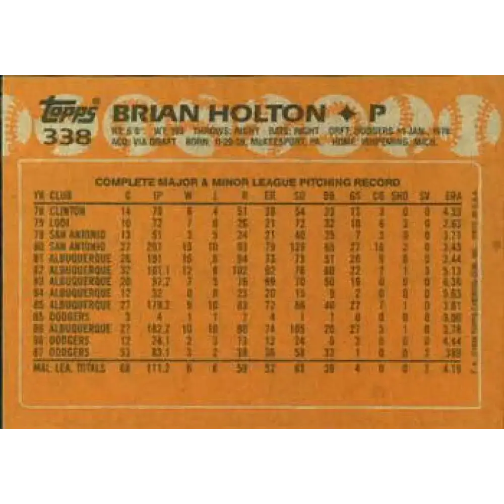 1988 Topps #338 Brian Holton NM-MT Los Angeles Dodgers Baseball Card - Baseball Card Single