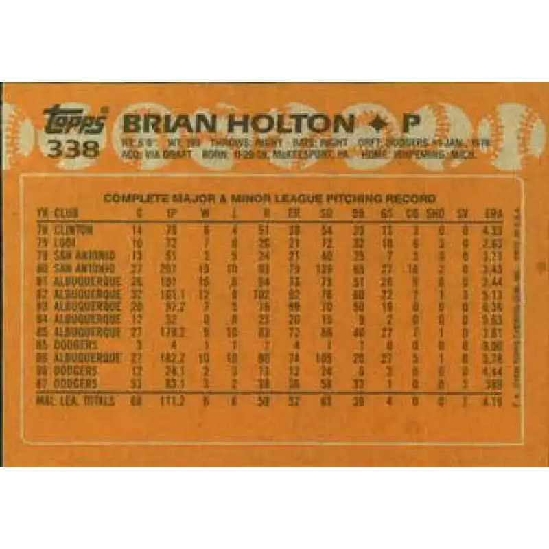 1988 Topps #338 Brian Holton NM-MT Los Angeles Dodgers Baseball Card - Baseball Card Single