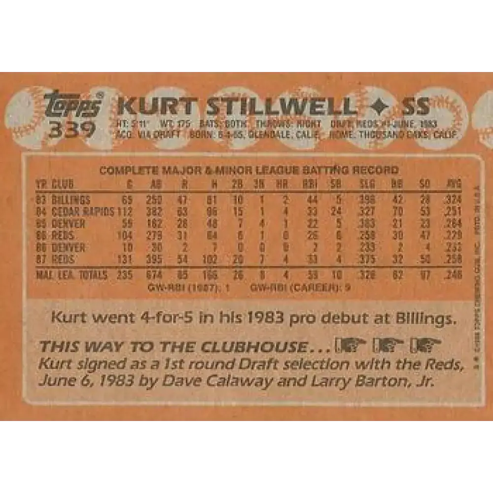 1988 Topps #339 Kurt Stillwell NM-MT Cincinnati Reds Baseball Card - Baseball Card Single