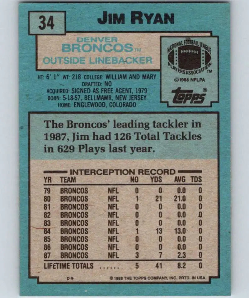 1988 Topps #34 Jim Ryan EX Excellent Denver Broncos Football Card - Football Card Single