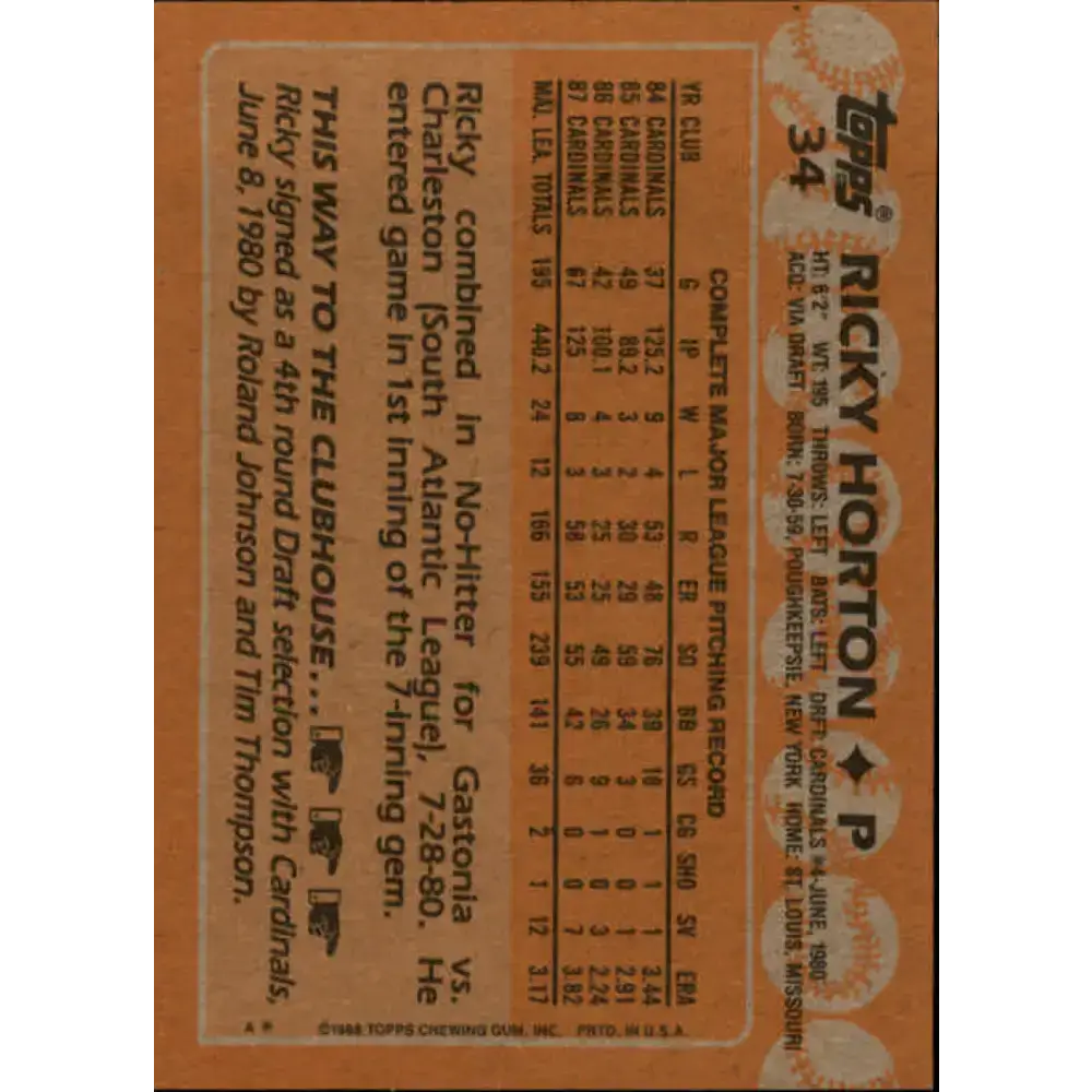 1988 Topps #34 Ricky Horton NM-MT St. Louis Cardinals Baseball Card - Baseball Card Single