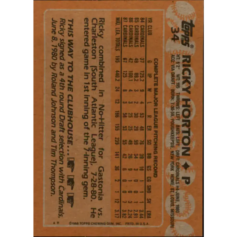 1988 Topps #34 Ricky Horton NM-MT St. Louis Cardinals Baseball Card - Baseball Card Single