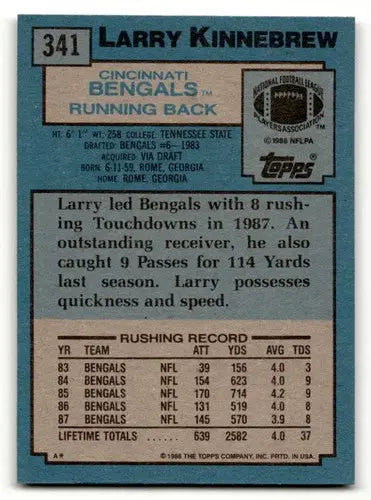 Larry Kinnebrew Cincinnati Bengals football card from 1988 Topps series